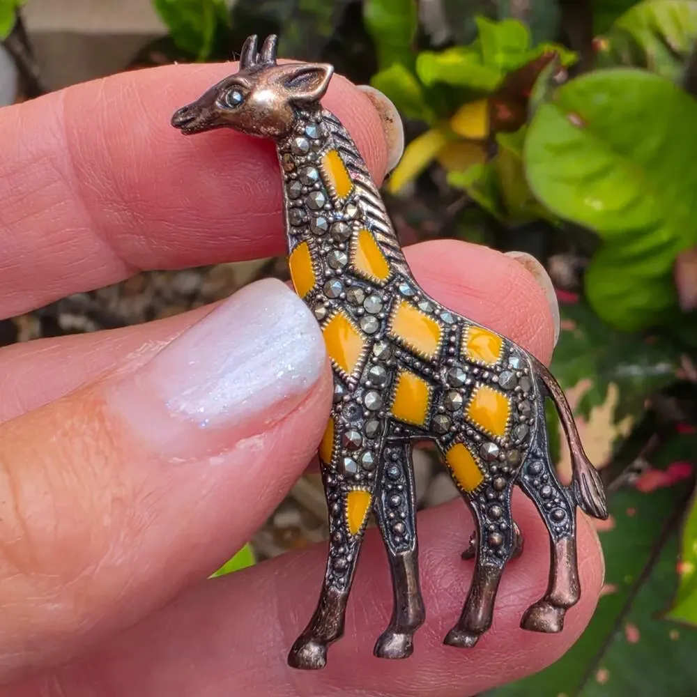 Vintage Sterling Marcasite Giraffe Brooch Yellow Enamel 925 Thailand
